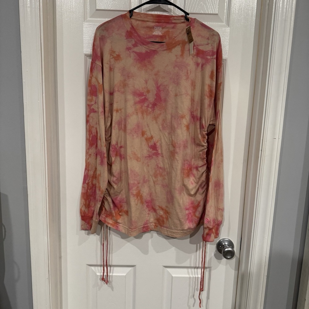 Victorias Secret PINK Campus Long Sleeve Ruched Sides Cotton Tee Shirt Tie Dye M